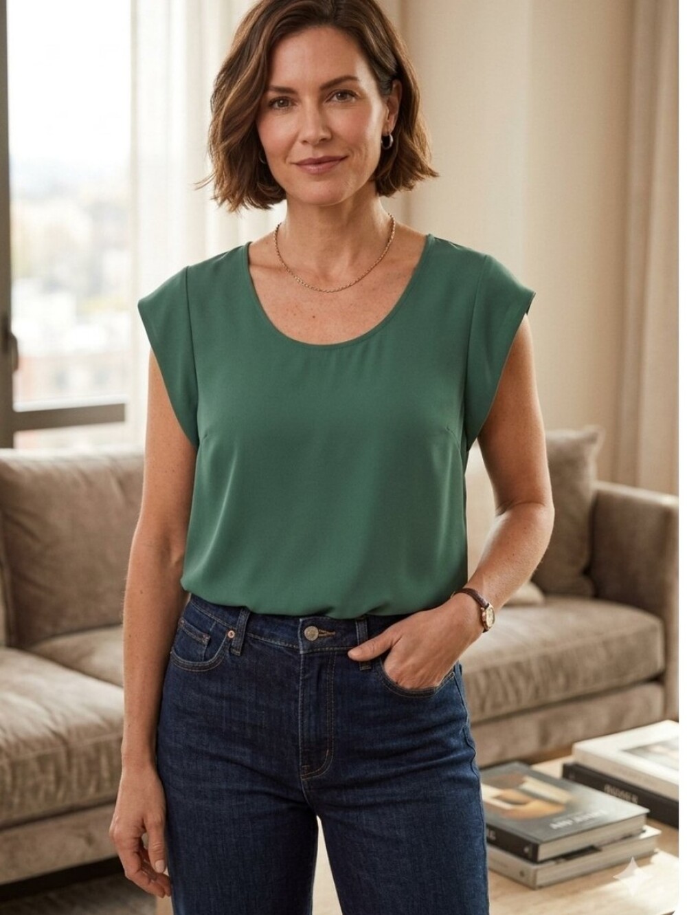 Express Cap Sleeve Green Flowy Polyester Blouse, M